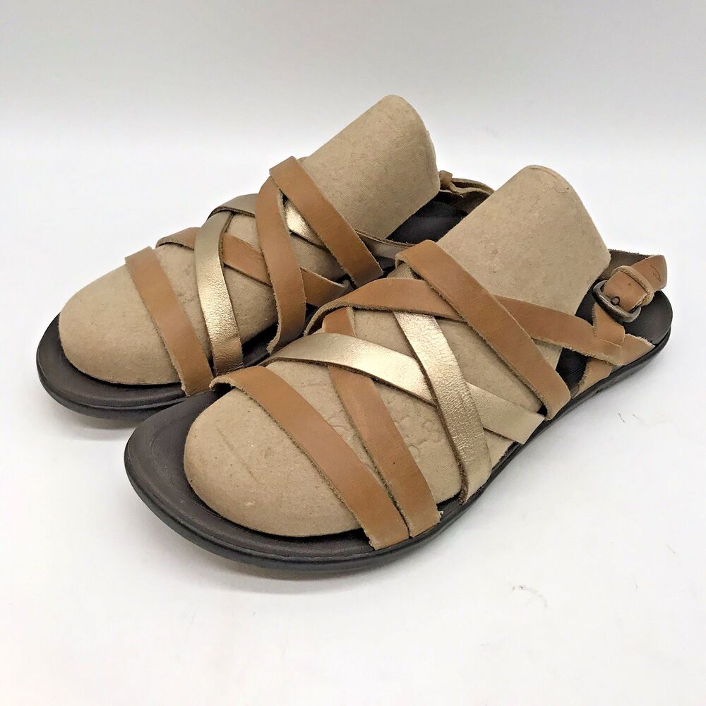 OluKai Awe 'Awe Hawaiian Sandals Women's 7 Brown & Gold Full Grain Leather Shoe